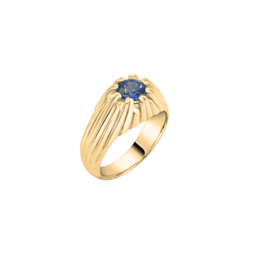 Gold ring with a blue gemstone on a white background