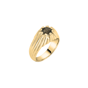 Gold ring with a central gemstone on a white background