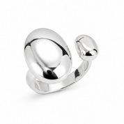 A polished silver-toned ring with a large rounded oval shape and a smaller rounded protruding section, photographed on a clean white background.