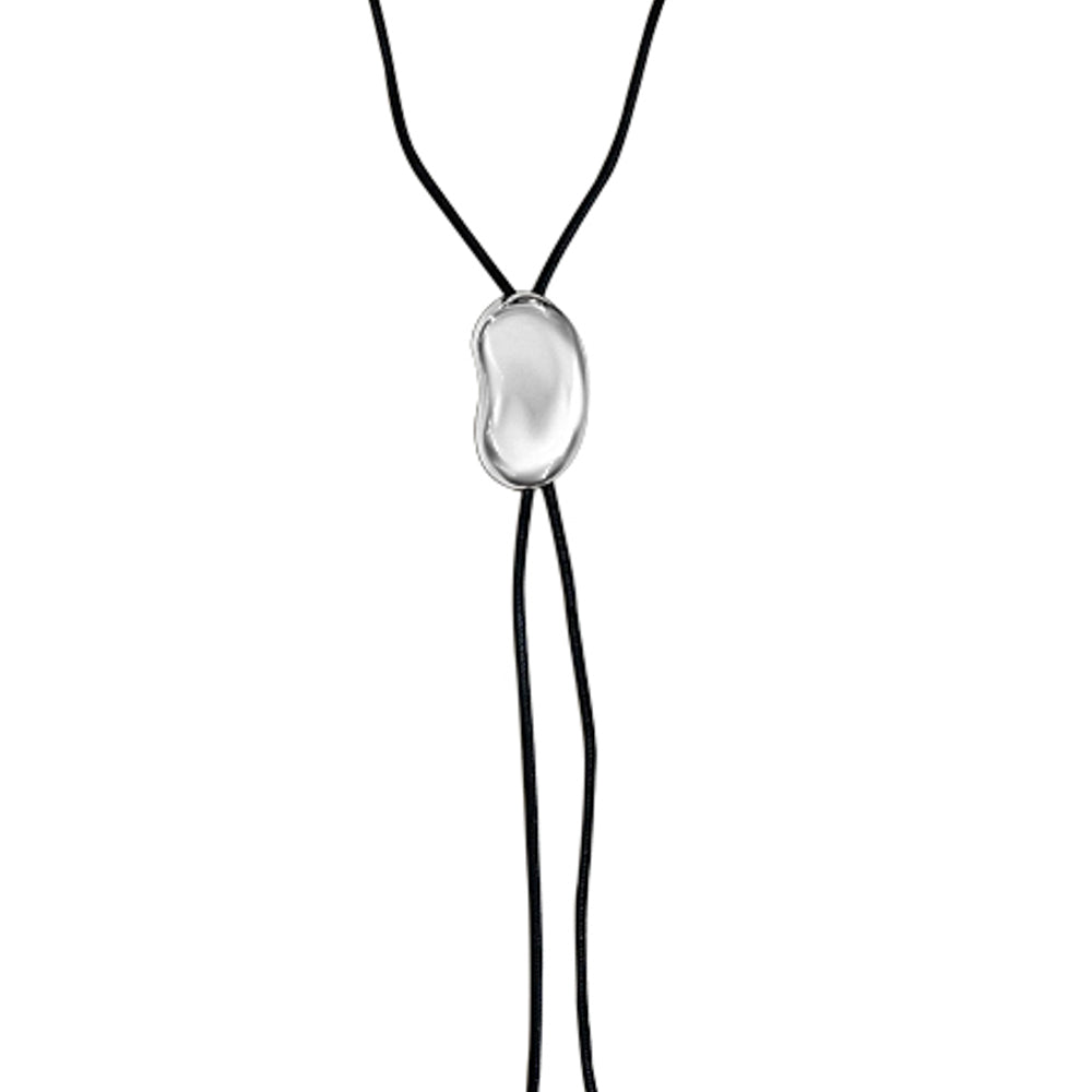 A silver-colored necklace with a smooth, oval-shaped pendant on a black cord.