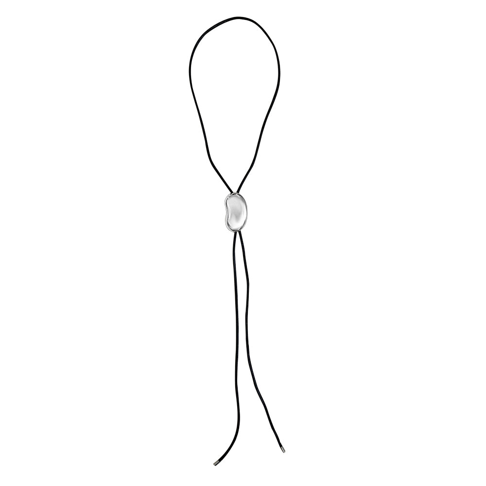 A silver-colored necklace with a smooth, oval-shaped pendant on a black cord.