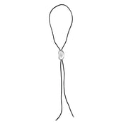 A silver-colored necklace with a smooth, oval-shaped pendant on a black cord.
