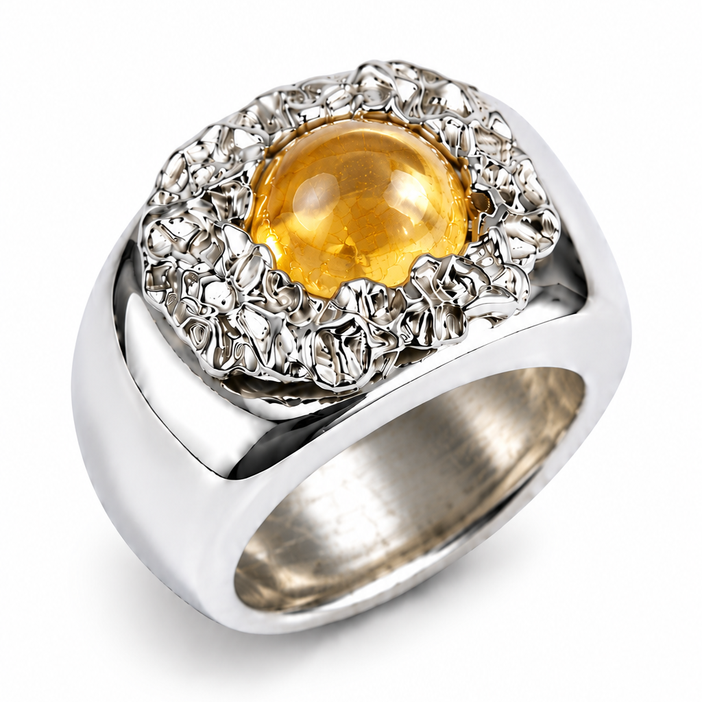 A silver-toned signet ring featuring a large oval yellow gemstone surrounded by a halo of small clear stones, set against a plain white background.
