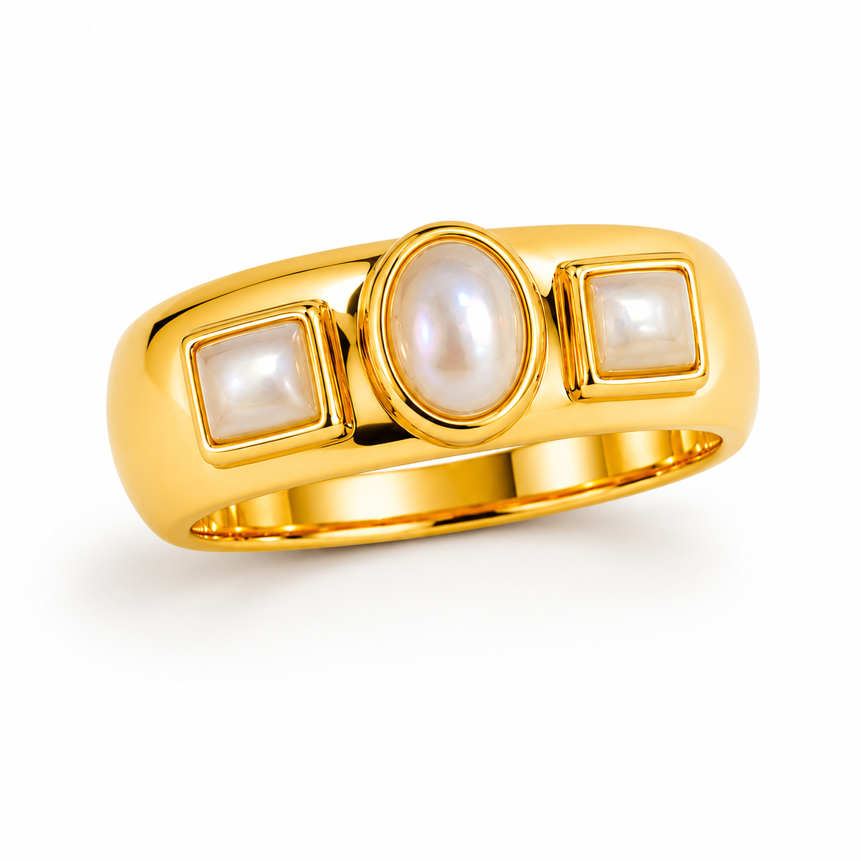 A polished yellow gold ring featuring a central oval pearl and two square pearlescent inlay panels on either side, shown on a clean white background.