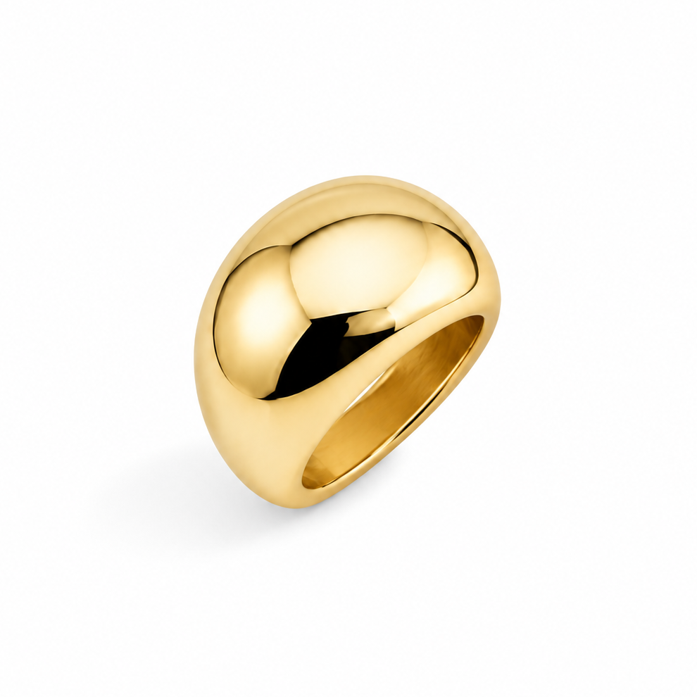 A polished yellow gold dome ring with a smooth, rounded, egg-like shape, shown on a clean white background.
