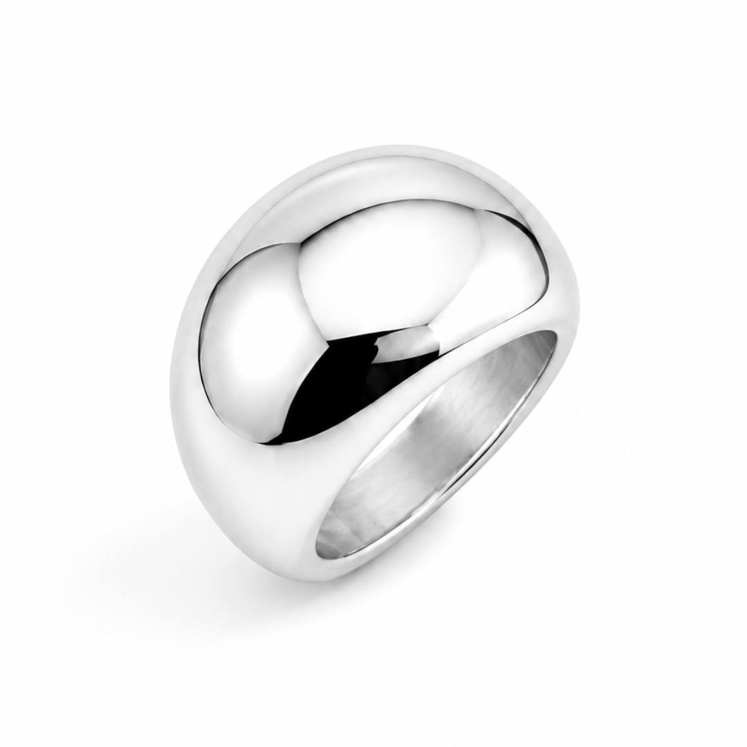 A polished silver dome ring with a smooth, rounded bezel-like top and a tapered band, shown on a clean white background.