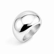 A polished silver dome ring with a smooth, rounded bezel-like top and a tapered band, shown on a clean white background.