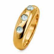 A polished yellow gold ring featuring three light blue oval gemstones set vertically along the front, shown on a clean white background.