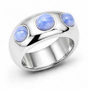 A polished silver ring featuring three bezel-set round light blue gemstones, shown on a clean white background.
