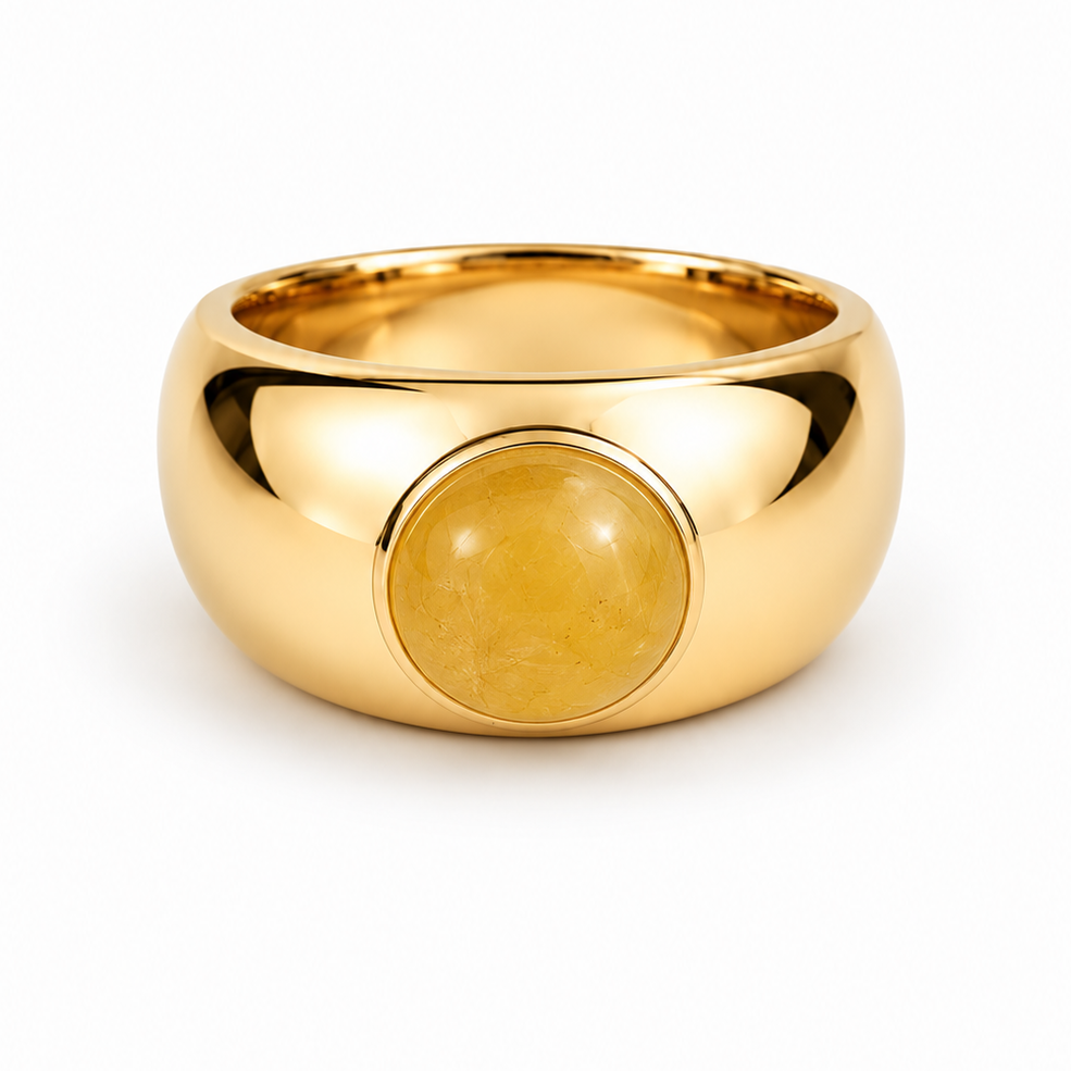 A polished yellow gold ring with a large, smooth oval yellow stone set in the center, shown on a clean white background.